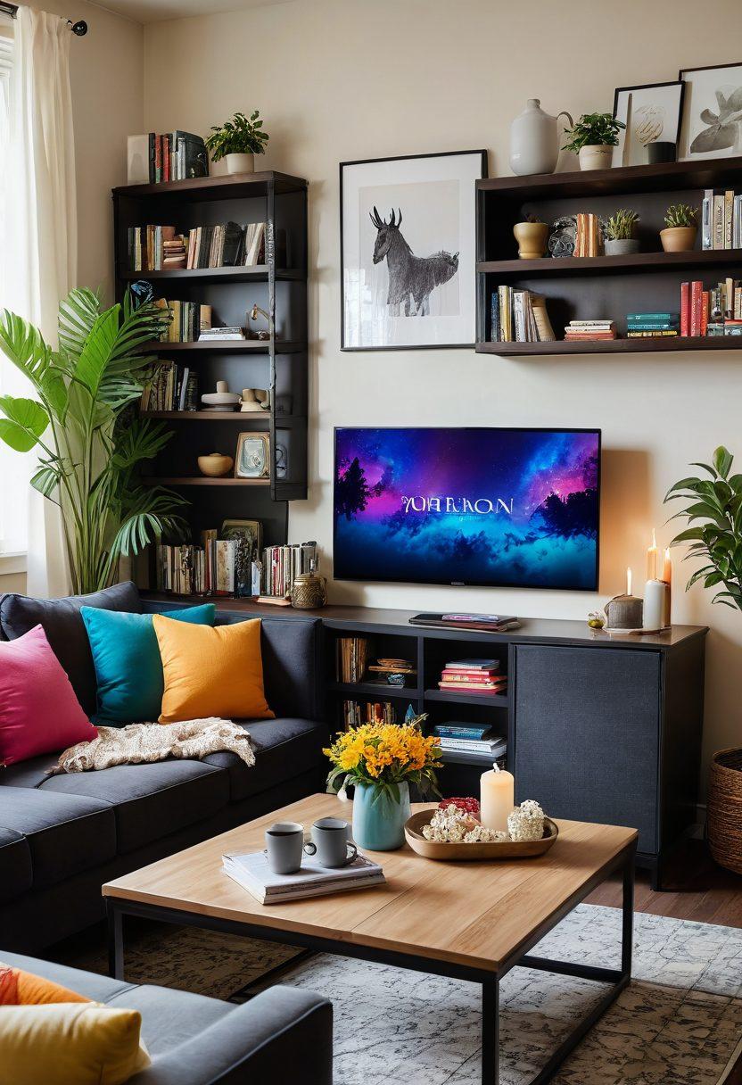A cozy living room scene with a plush couch, colorful throw pillows, and a large screen showcasing an engaging web series. Surrounding the TV, shelves filled with books and plants add a touch of warmth and aesthetics. Soft ambient lighting illuminates the room, creating a welcoming atmosphere that invites viewers to binge-watch. Cinematic elements like popcorn and drinks on a coffee table enhance the vibe of a perfect streaming night. vibrant colors. super-realistic. cozy aesthetic.