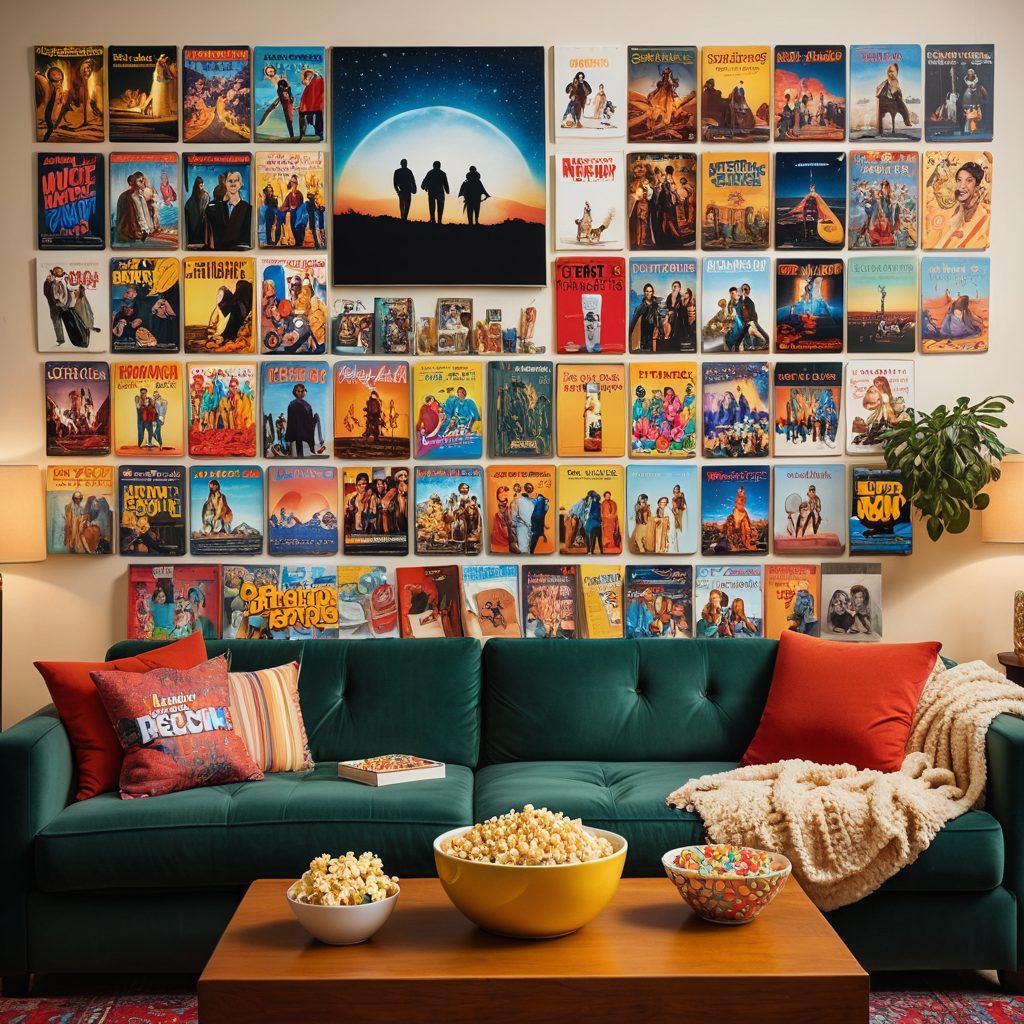 A vibrant and inviting collage of diverse binge-worthy entertainment options, including colorful movie posters, delicious snacks like popcorn and candy, and a cozy couch with a warm blanket. The scene should evoke a sense of excitement and comfort, perfect for an online movie night. Bright colors and dynamic compositions should draw the eye, inspiring viewers to indulge in their favorite shows and films. super-realistic. vibrant colors. cozy atmosphere.